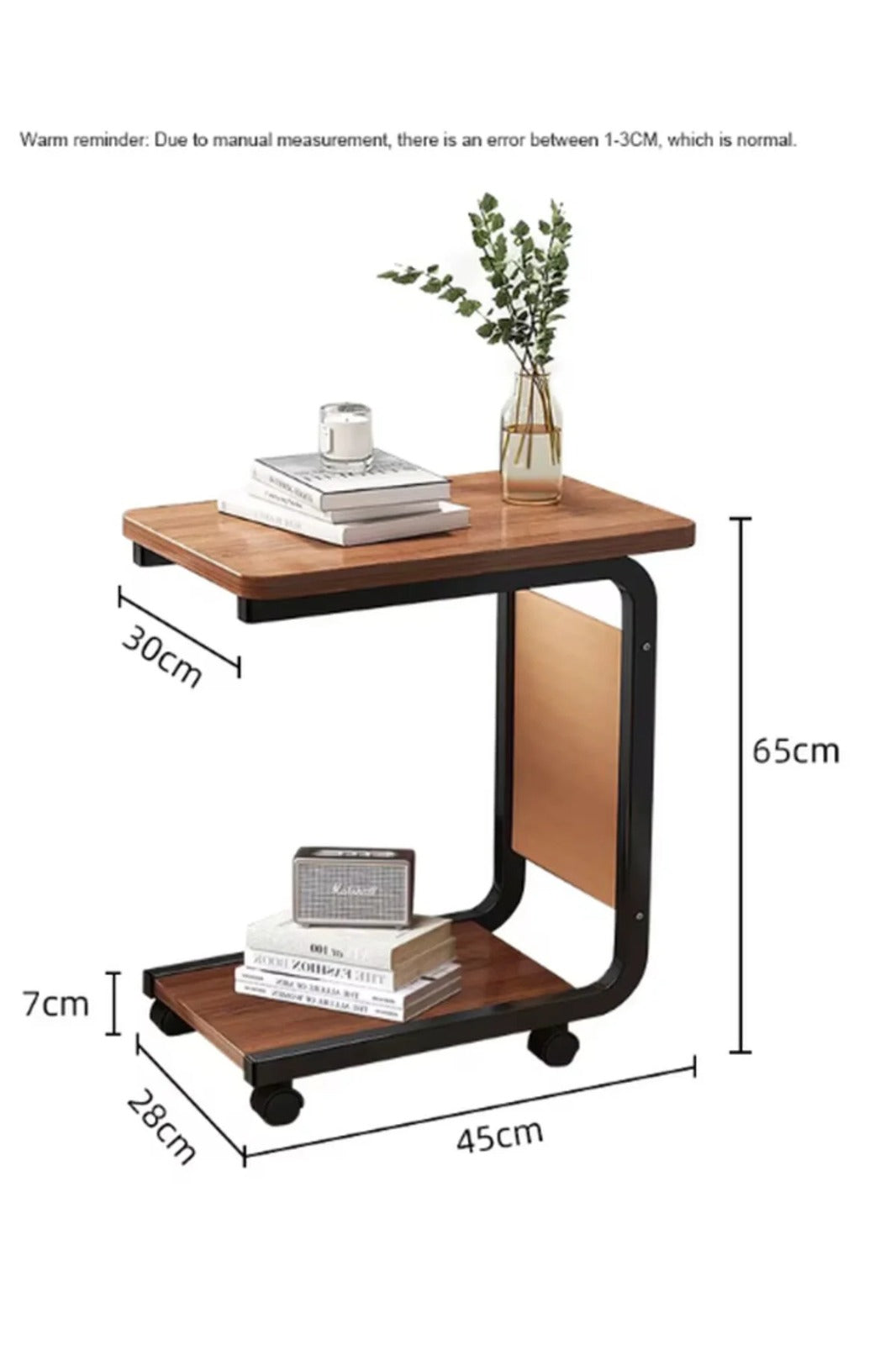 Măsuță laterală mobilă cu roți, metal & lemn, C-shape, 40×30×62 cm, cu buzunar pentru reviste