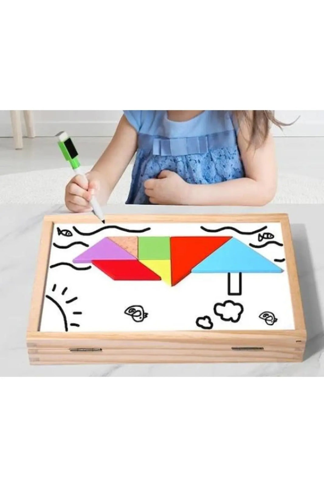 Jucărie Montessori, Trusă aritmetică distractivă din lemn – numărat, forme, tangram și desen