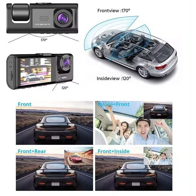 Camera auto de bord, față-spate și interior, ecran 2 inch, 1296p, unghi de 170°