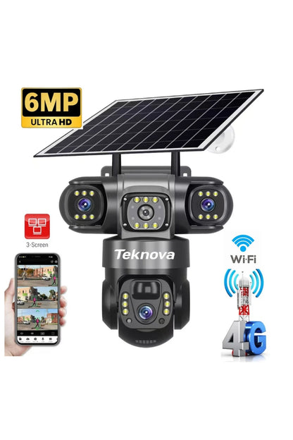 Cameră Supraveghere Teknova, 4G, Încărcare Solară, 6MP, 3 Lentile, PTZ, IP66, Detecție PIR+Radar