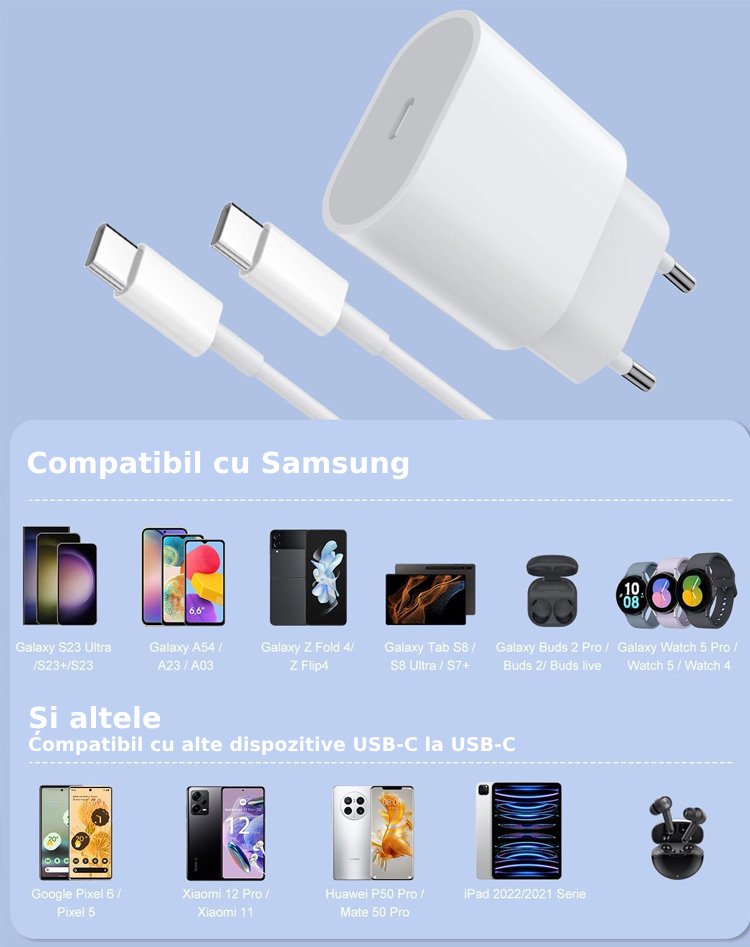 Incarcator telefon, USB C, Universal, Fast Charge 20W, 1m, compatibil cu Samsung, Iphone 15/16