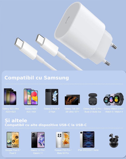 Incarcator telefon, USB C, Universal, Fast Charge 20W, 1m, compatibil cu Samsung, Iphone 15/16
