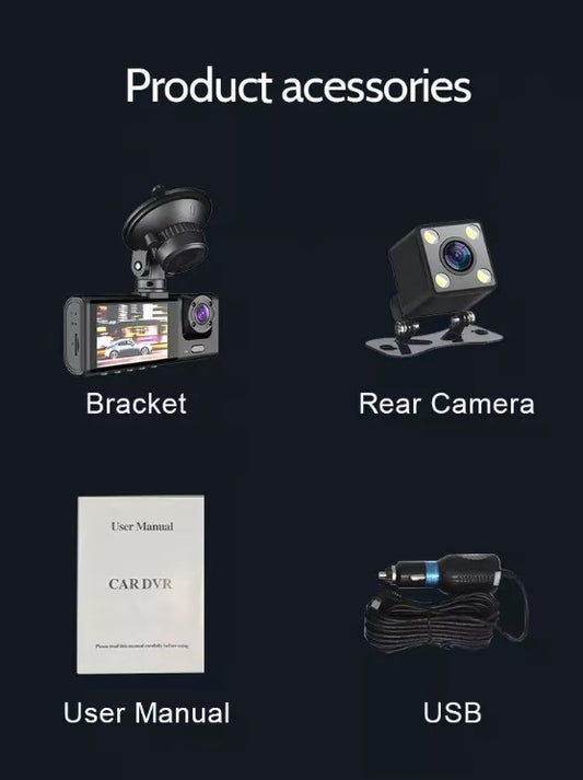 Camera auto de bord, față-spate și interior, ecran 2 inch, 1296p, unghi de 170°