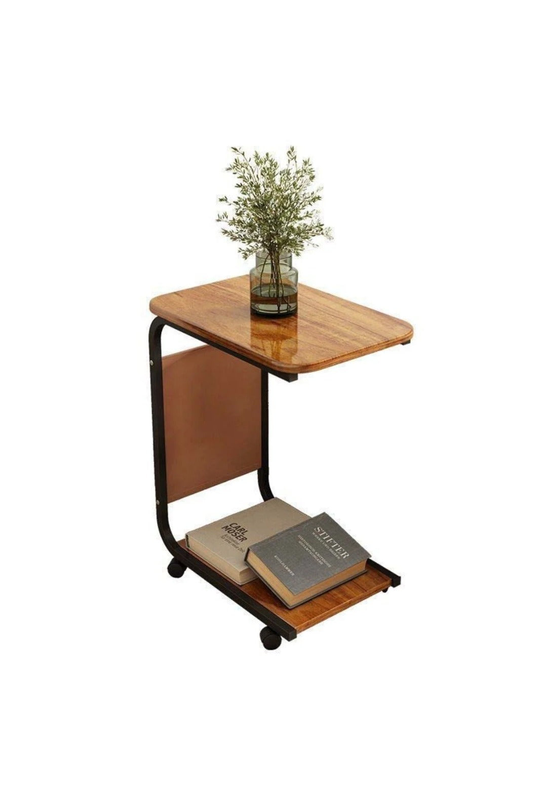 Măsuță laterală mobilă cu roți, metal &amp; lemn, C-shape, 40×30×62 cm, cu buzunar pentru reviste