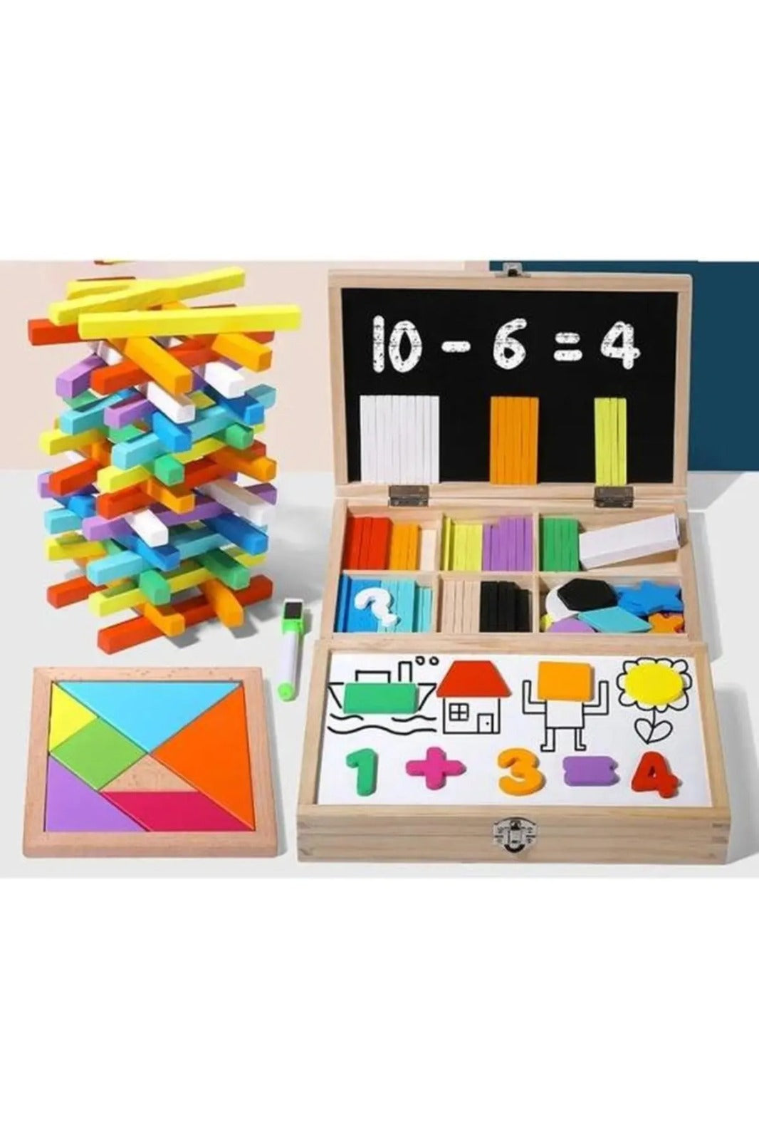 Jucărie Montessori, Trusă aritmetică distractivă din lemn – numărat, forme, tangram și desen