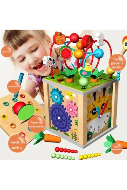 Jucărie Montessori, Cub de activitate din lemn 10-în-1 – centru educativ pentru micii exploratori