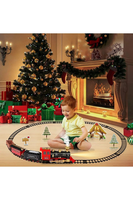 Trenulet electric clasic cu locomotivă pe abur pentru bradul de Craciun, lumini și sunete, 22 piese