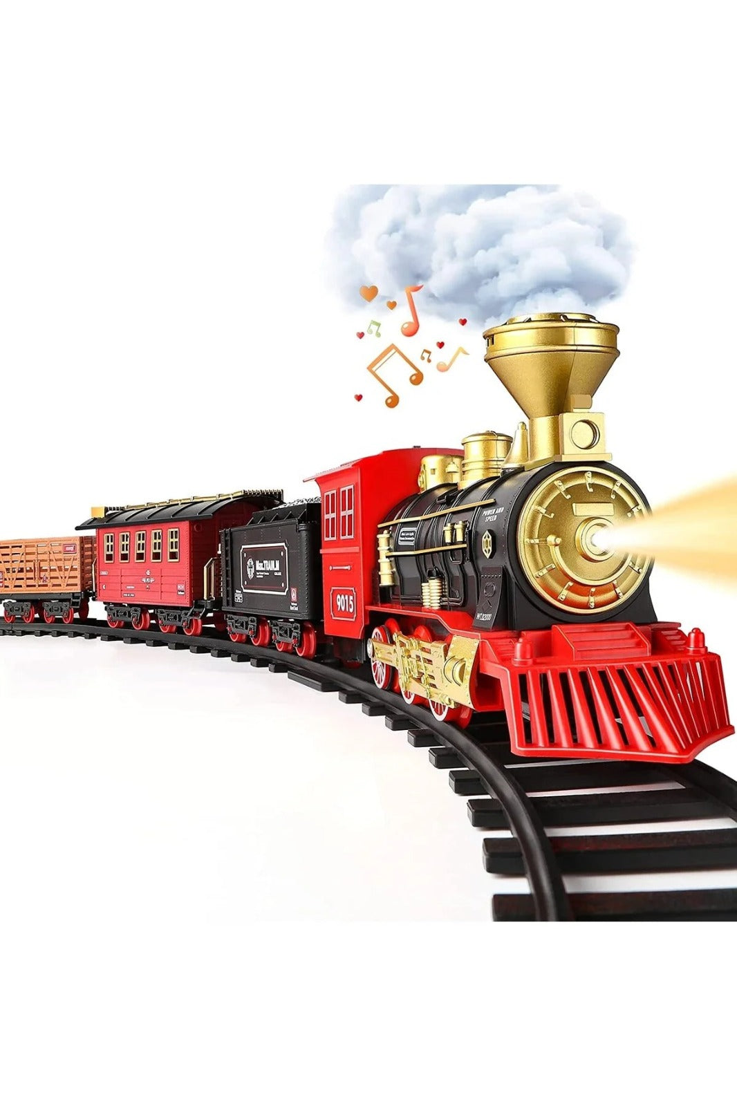 Trenulet electric clasic cu locomotivă pe abur pentru bradul de Craciun, lumini și sunete, 22 piese