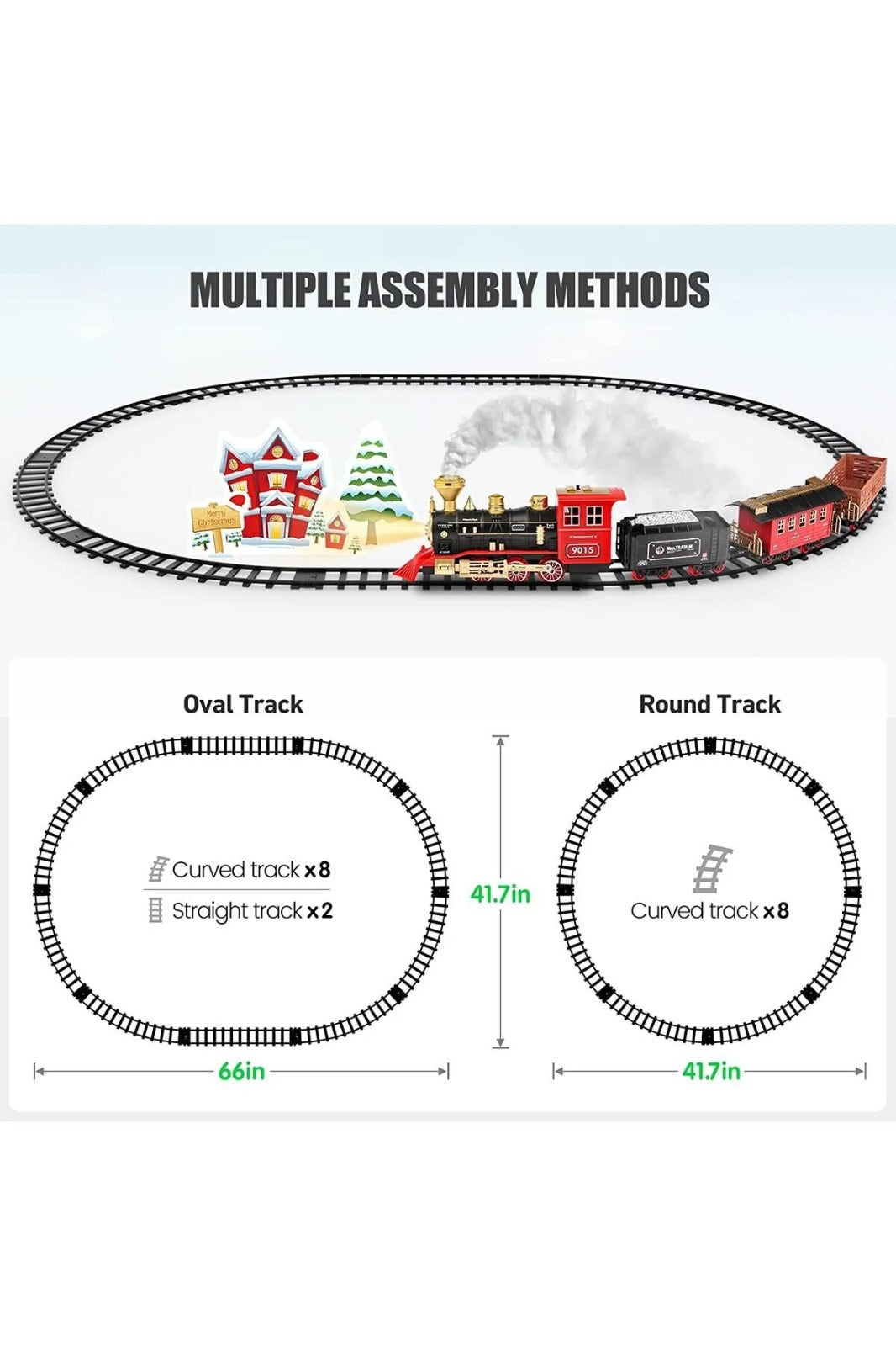 Trenulet electric clasic cu locomotivă pe abur pentru bradul de Craciun, lumini și sunete, 22 piese