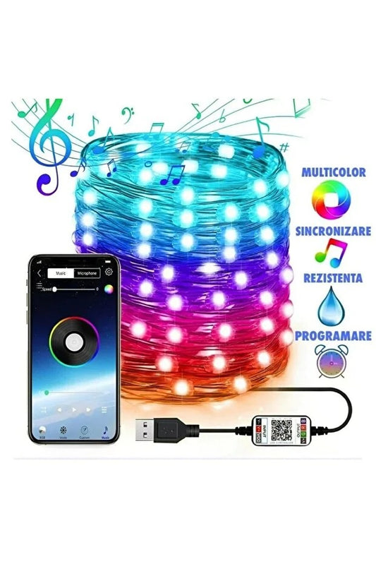 Instalație de Craciun, multicolora, 10 m, cu aplicații și telecomanda
