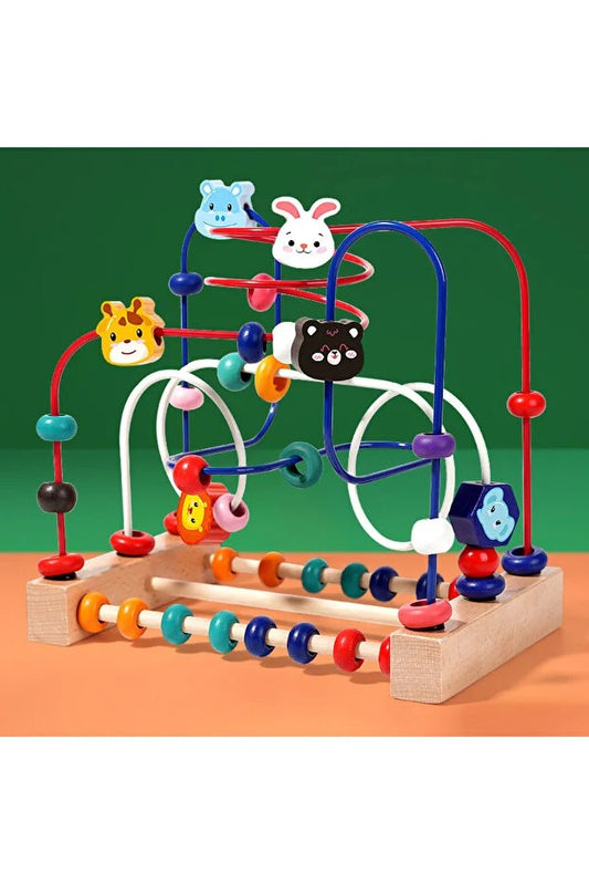 Jucărie Montessori, Spirală motrică din lemn cu abac și animale, 3 sârme