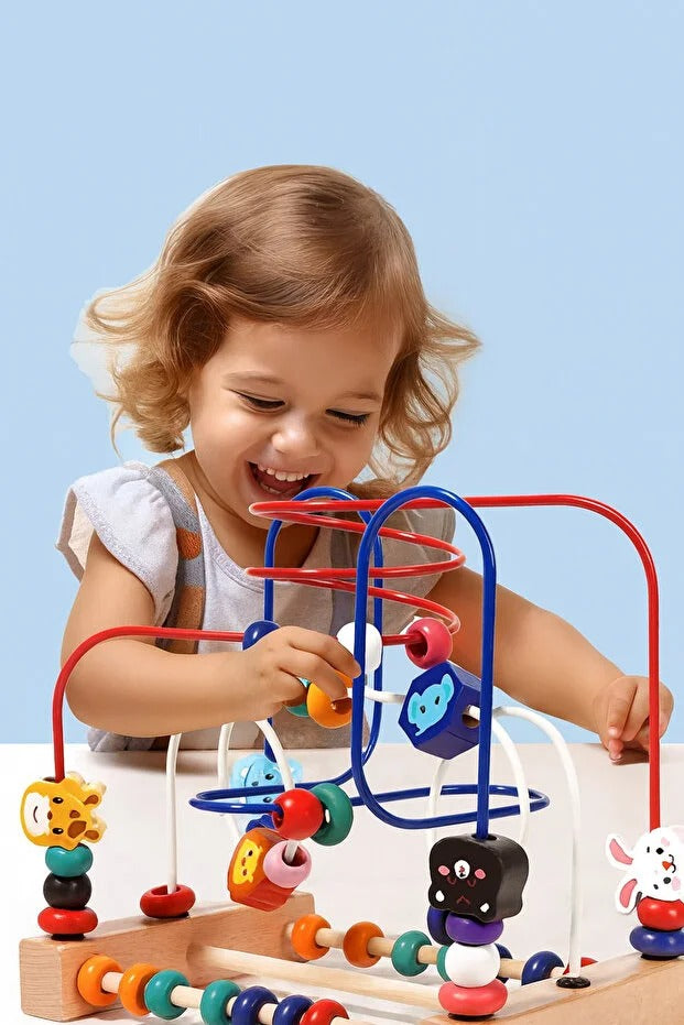 Jucărie Montessori, Spirală motrică din lemn cu abac și animale, 3 sârme