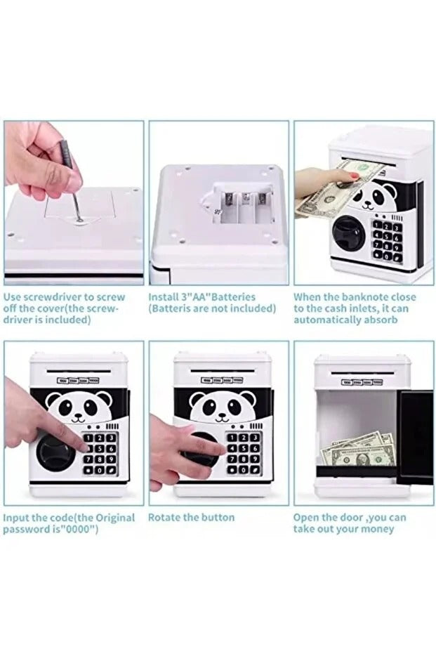 Pusculita electronica pentru copii Panda, Interactiva, Intrare pentru bani si monede, alb-negru