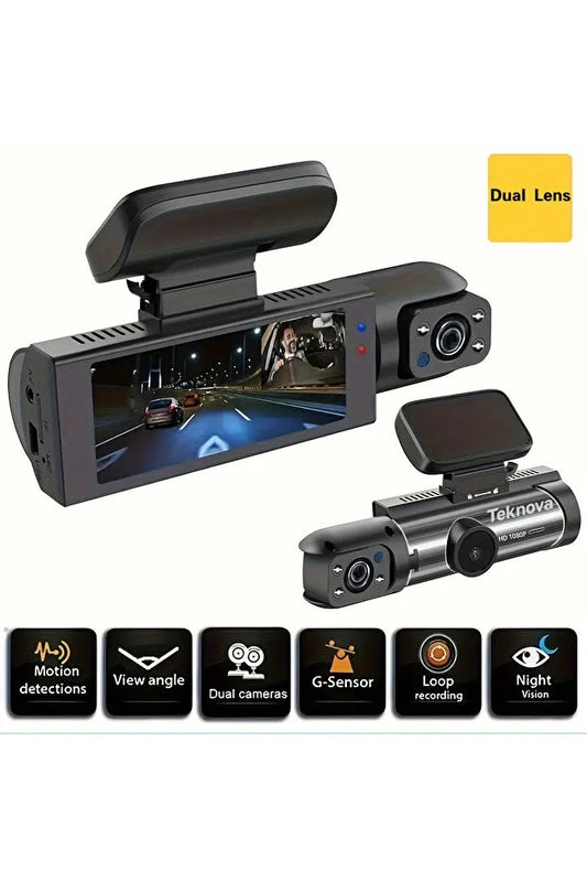 Camera auto de bord Teknova, 3 obiective, vedere pe timp de noapte 3.16 inch, 1080p, unghi de 170°