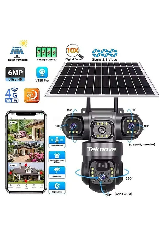 Cameră Supraveghere Teknova, 4G, Încărcare Solară, 6MP, 3 Lentile, PTZ, IP66, Detecție PIR+Radar