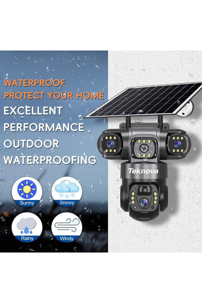 Cameră Supraveghere Teknova, 4G, Încărcare Solară, 6MP, 3 Lentile, PTZ, IP66, Detecție PIR+Radar