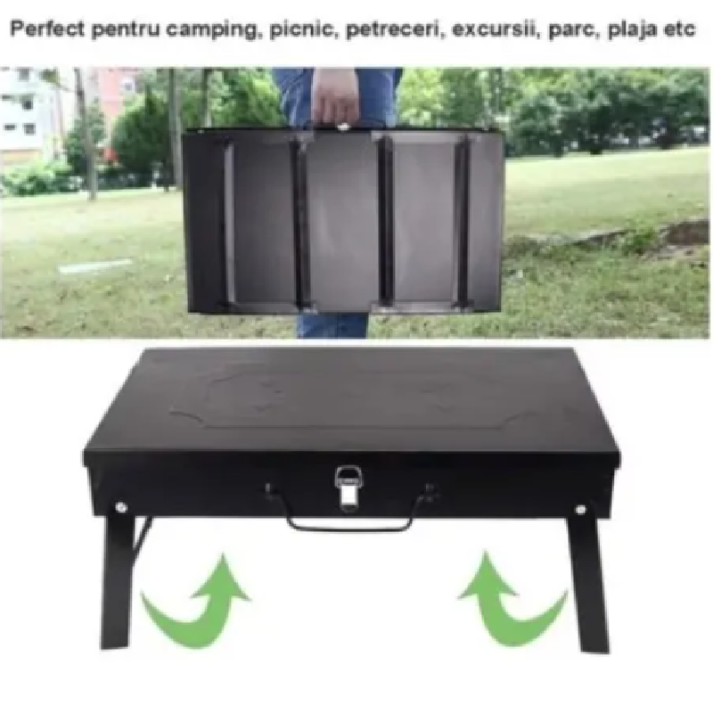 Grătar Portabil Pliabil Tip Servietă pe Cărbune cu Accesorii Incluse 44×27×6 cm