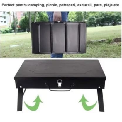 Grătar Portabil Pliabil Tip Servietă pe Cărbune cu Accesorii Incluse 44×27×6 cm