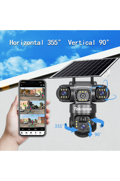 Cameră Supraveghere Teknova, 4G, Încărcare Solară, 6MP, 3 Lentile, PTZ, IP66, Detecție PIR+Radar