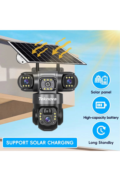 Cameră Supraveghere Teknova, 4G, Încărcare Solară, 6MP, 3 Lentile, PTZ, IP66, Detecție PIR+Radar