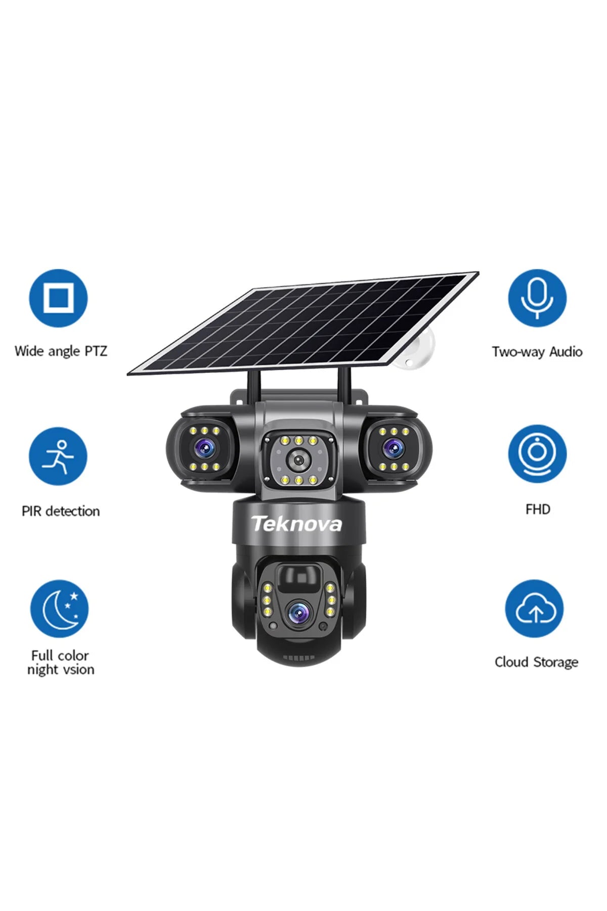 Cameră Supraveghere Teknova, 4G, Încărcare Solară, 6MP, 3 Lentile, PTZ, IP66, Detecție PIR+Radar
